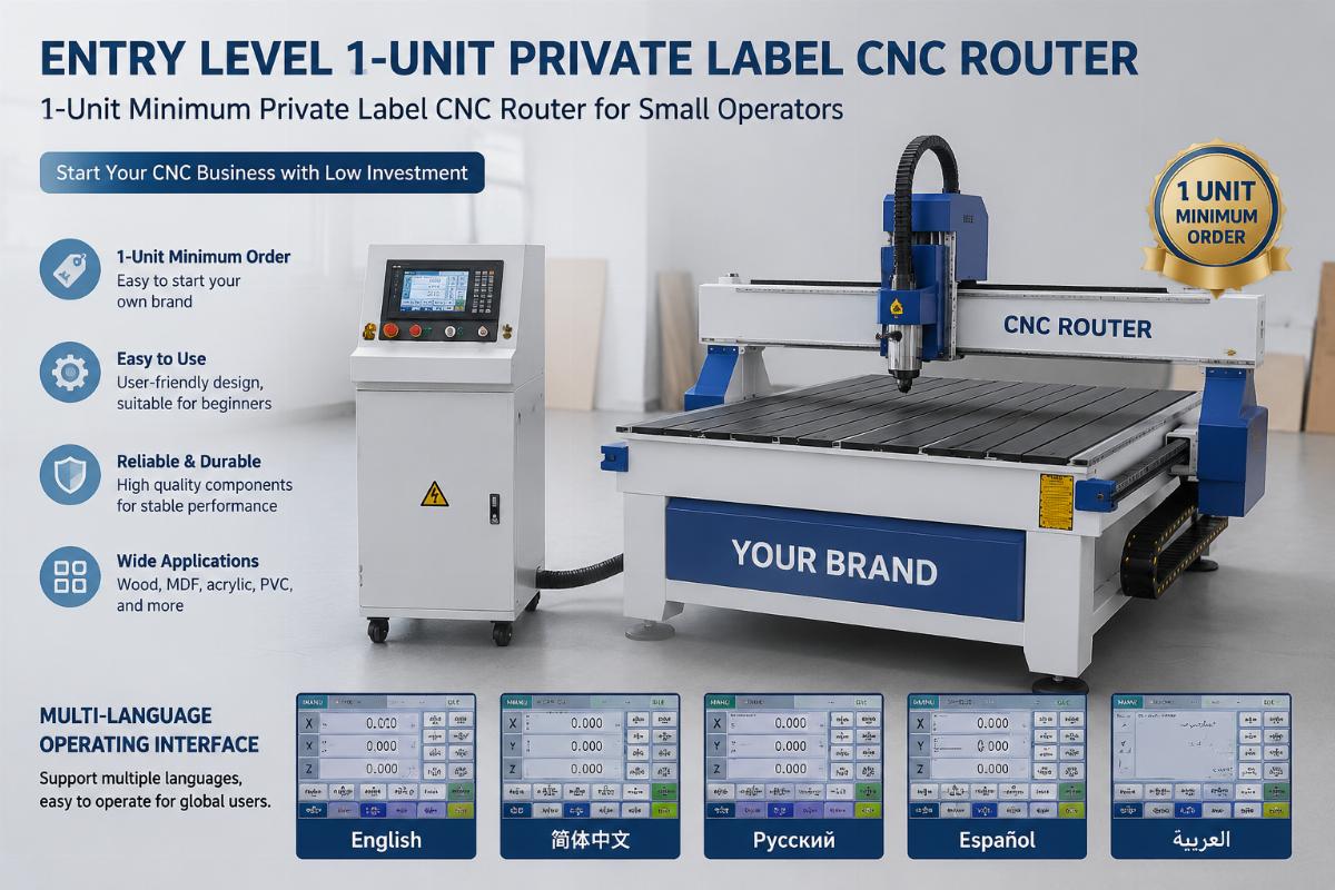 1-unit minimum private label CNC router for small operators An entry level 1-unit private label CNC router with multi-language operating interface