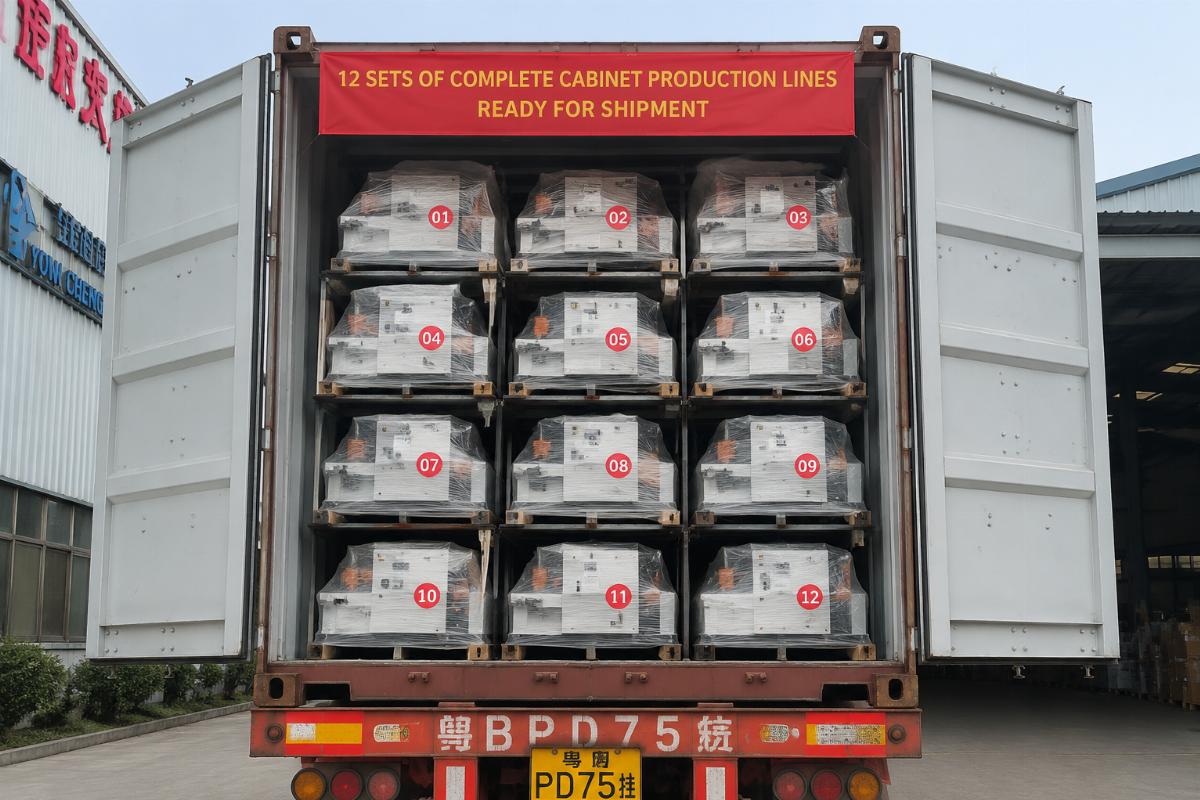 12 sets of complete cabinet production lines in one shipping container Full container of complete cabinet production lines ready for shipment from a Chinese machinery factory