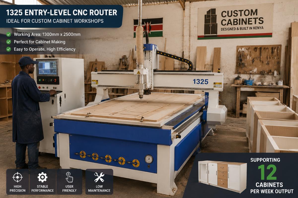 1325 CNC router supporting 12 cabinets per week output 1325 entry-level CNC router operating in a Kenyan custom cabinet workshop
