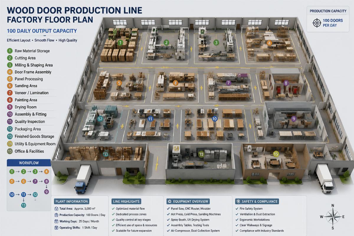 3D layout planning for wood door production facilities Factory floor plan mapped for a 100 daily output wood door production line