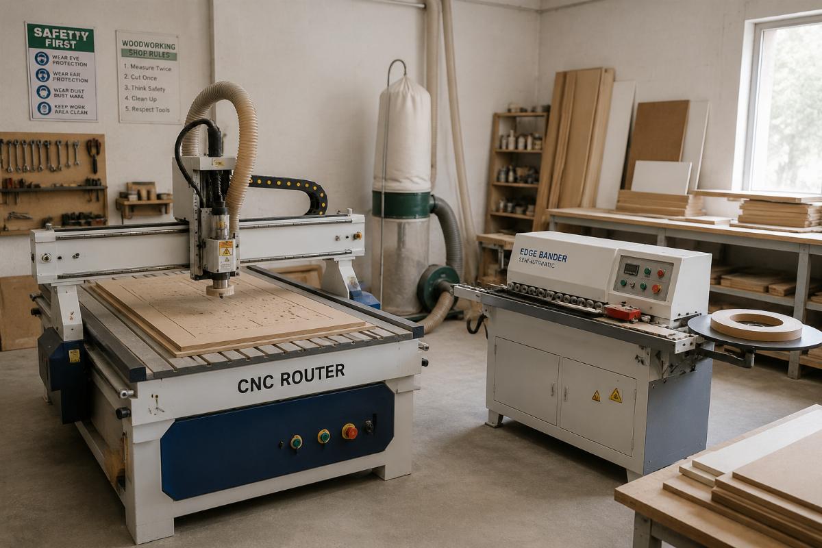Affordable CNC for small woodworking workshops Entry level CNC router and semi-automatic edge bander in a small woodworking workshop