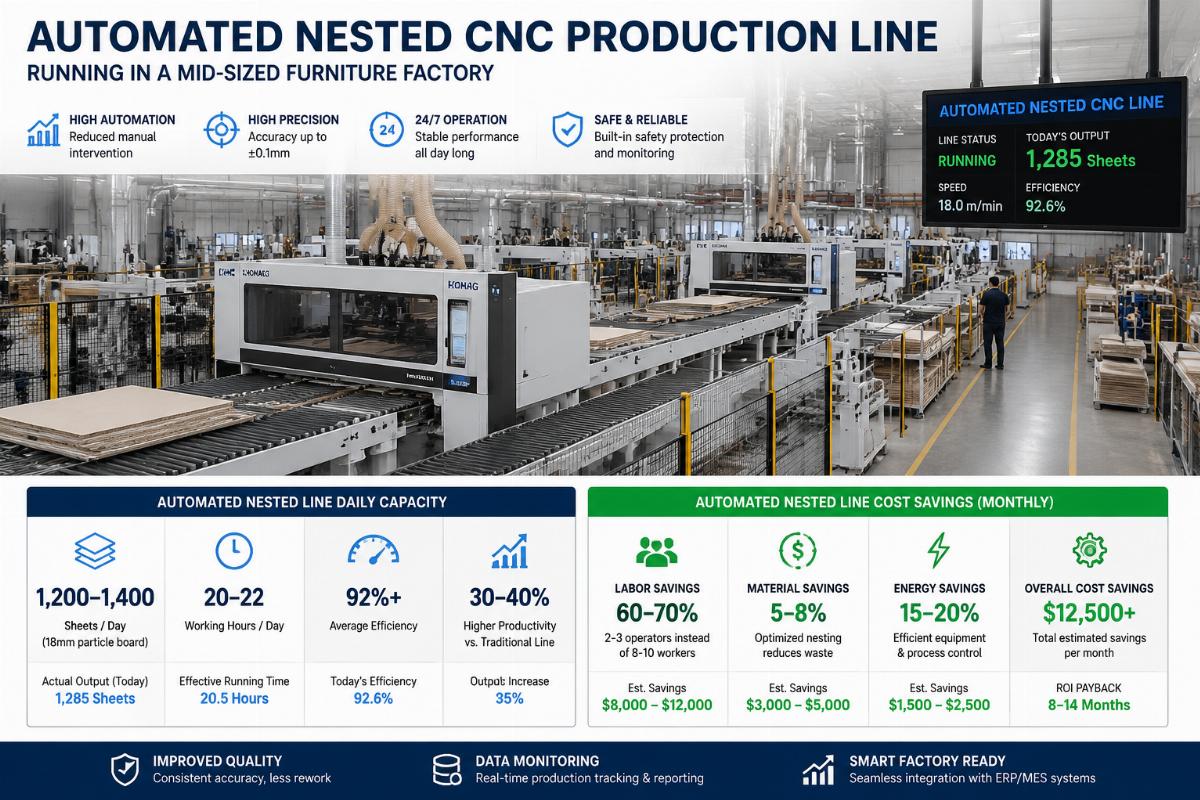 Automated nested line daily capacity and cost saving data Automated nested CNC production line running in a mid-sized furniture factory