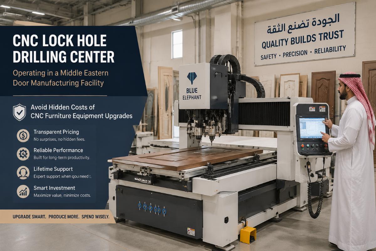 Avoid hidden costs of CNC furniture equipment upgrades CNC lock hole drilling center operating in a Middle Eastern door manufacturing facility
