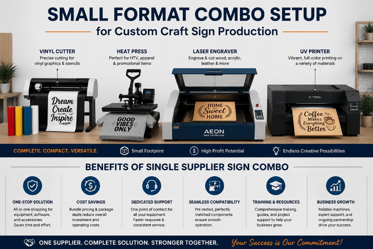 Benefits of single supplier sign combo Small format combo setup for custom craft sign production