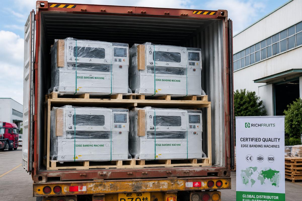 Bulk shipment of certified woodworking edge banding machines for distributors A container of certified woodworking edge banding machines ready for shipment to a global distributor