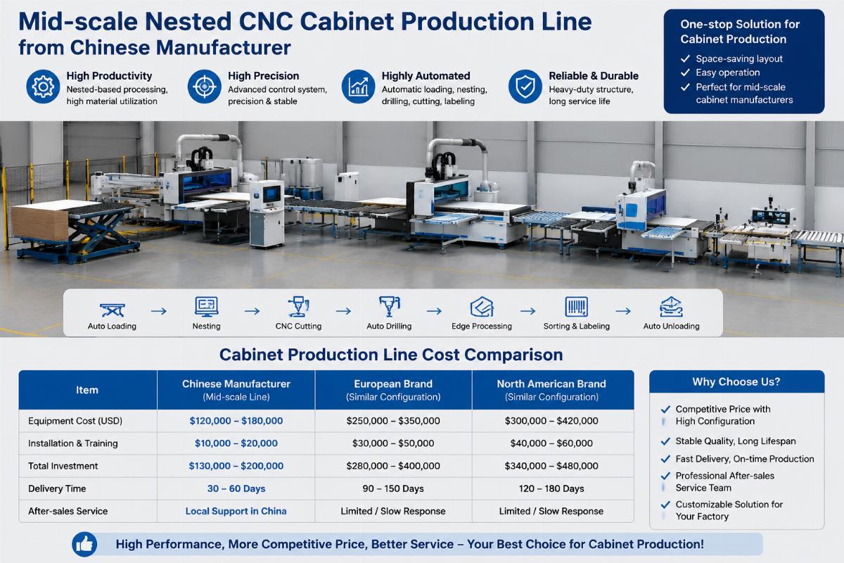 Cabinet production line cost comparison Mid-scale nested CNC cabinet production line from Chinese manufacturer