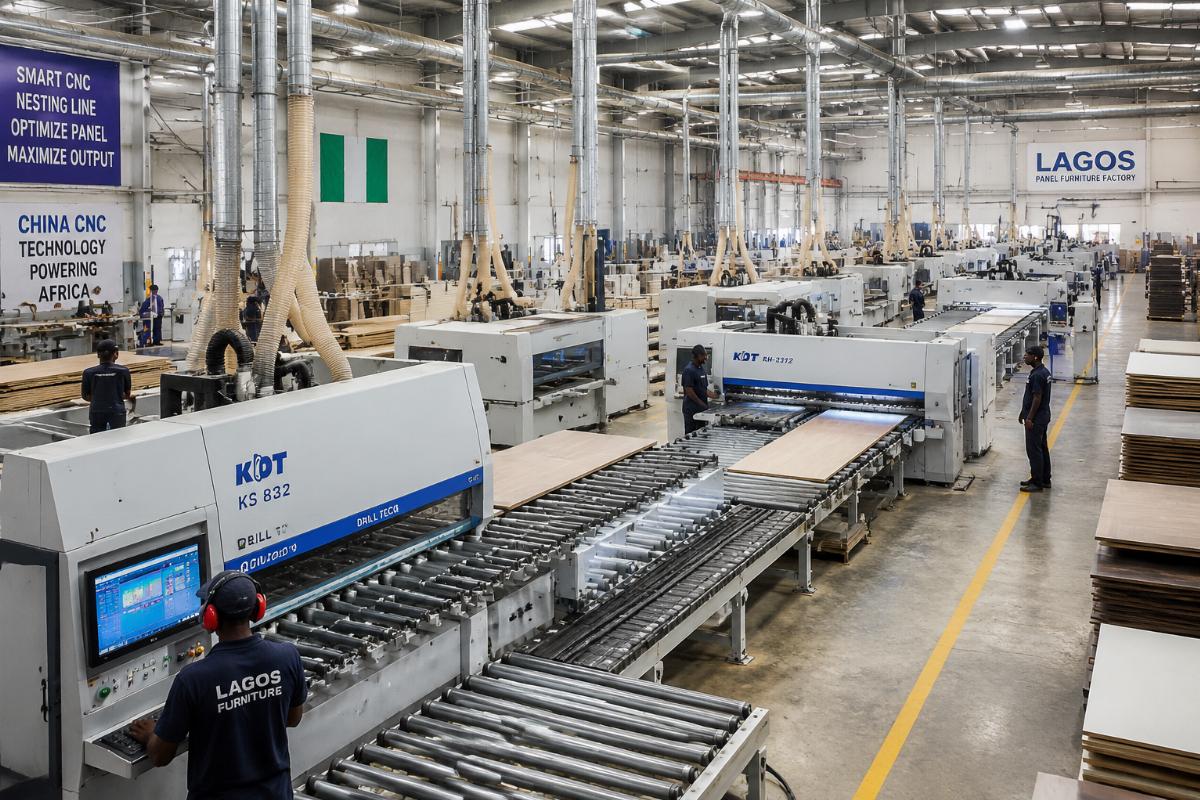 China CNC machinery suppliers for African panel factories A full automated nested CNC production line operating in a Lagos panel furniture factory