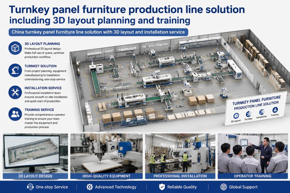 China turnkey panel furniture line solution with 3D layout and installation service Turnkey panel furniture production line solution including 3D layout planning and training