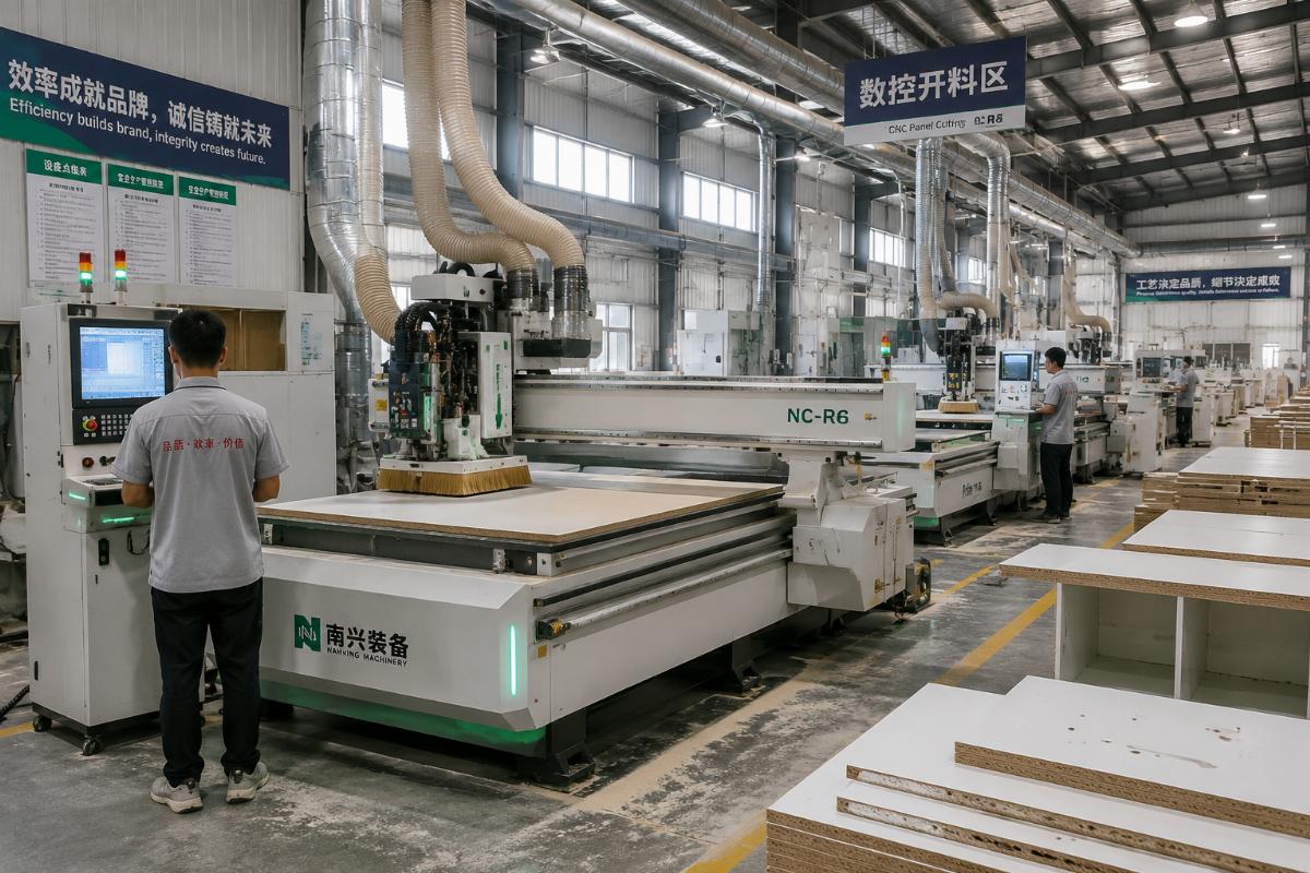Chinese CNC router performance in panel furniture production Production floor of a mid-sized panel furniture factory running Chinese CNC routers for panel cutting