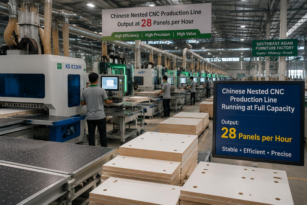 Chinese nested CNC production line output at 28 panels per hour Chinese nested CNC production line running at full capacity in a Southeast Asian furniture factory