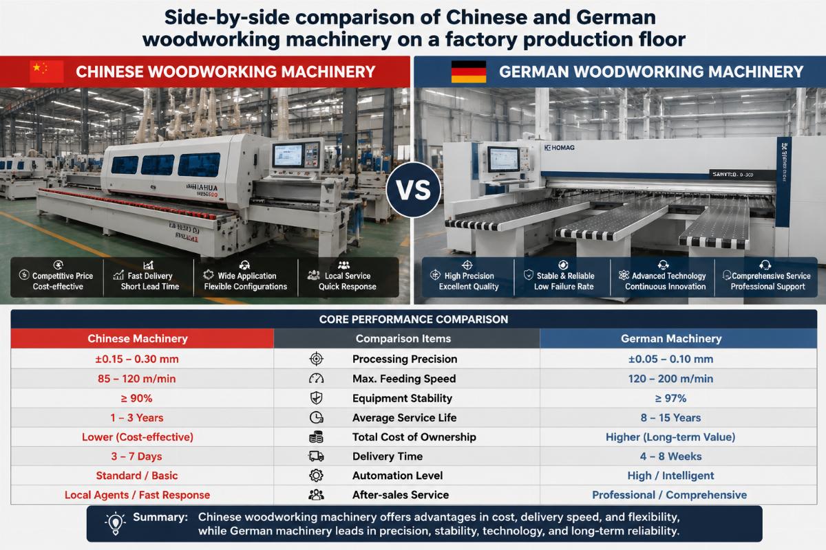 Chinese vs German woodworking machinery core performance comparison Side-by-side comparison of Chinese and German woodworking machinery on a factory production floor