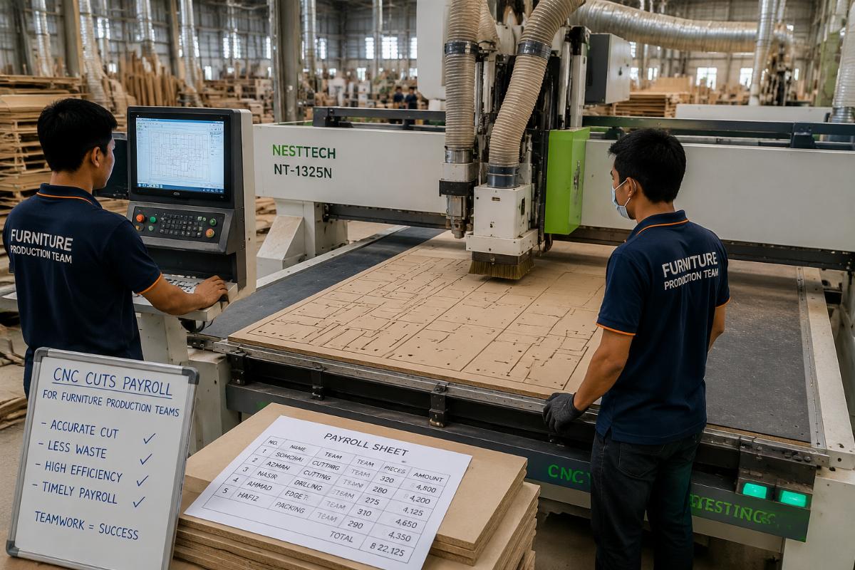 CNC cuts payroll for furniture production teams Workers operating CNC nested machining center in a Southeast Asian furniture factory
