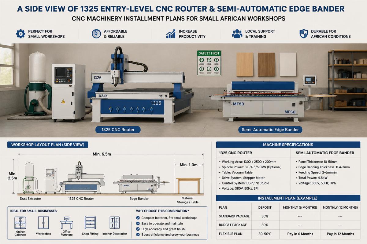 CNC machinery installment plans for small African workshops A side view of a 1325 entry-level CNC router and semi-automatic edge bander