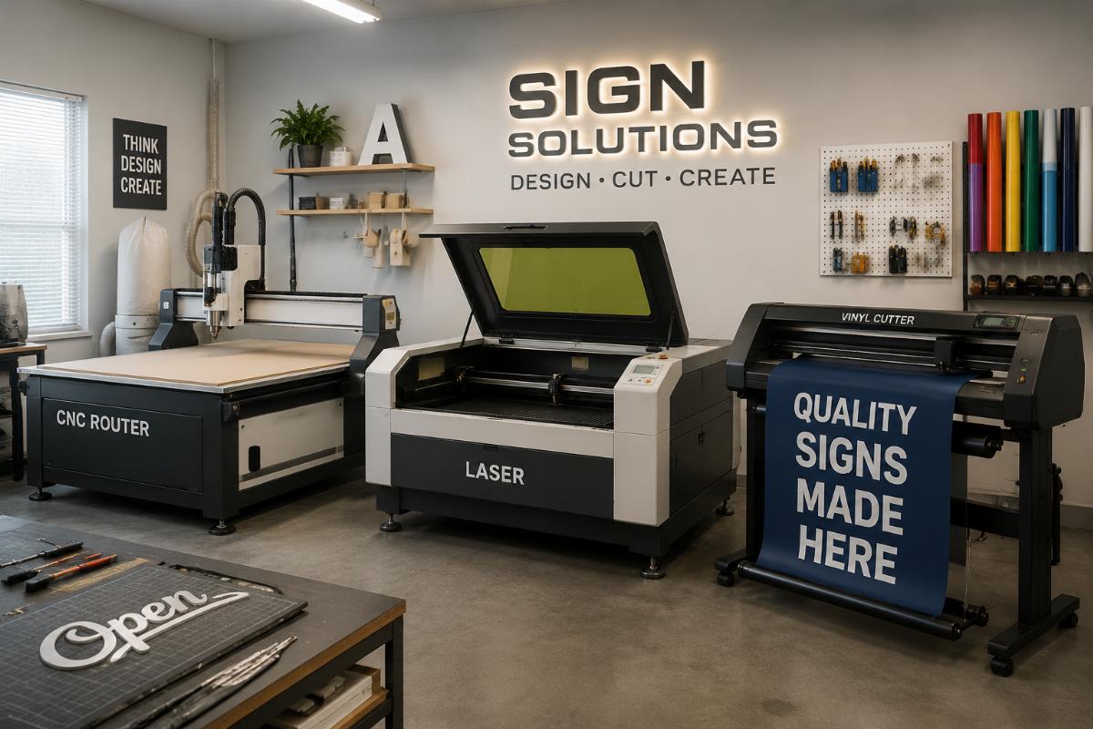 CNC Router Laser Vinyl Cutter combo for sign production Three integrated sign shop machines arranged in a small production workshop