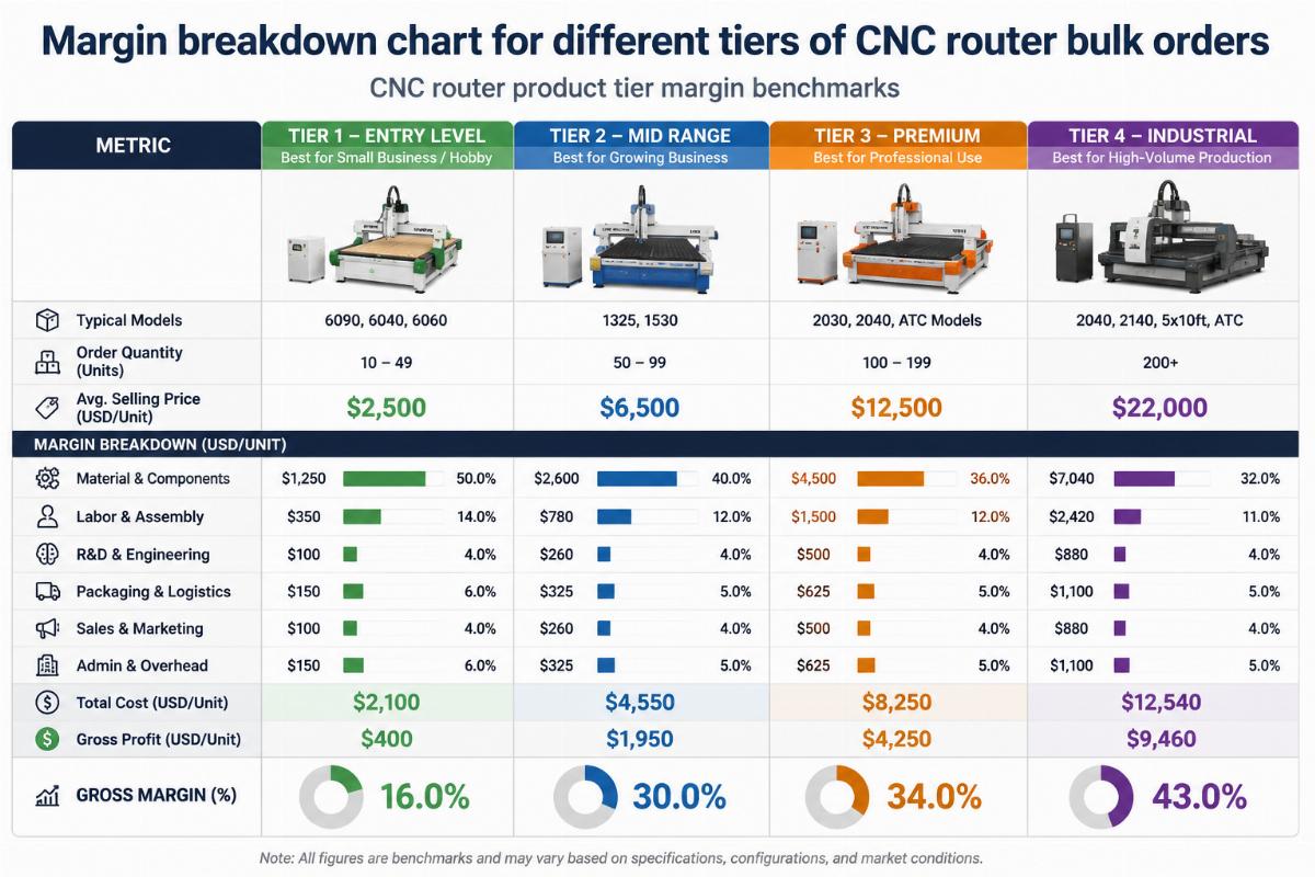 CNC router product tier margin benchmarks Margin breakdown chart for different tiers of CNC router bulk orders