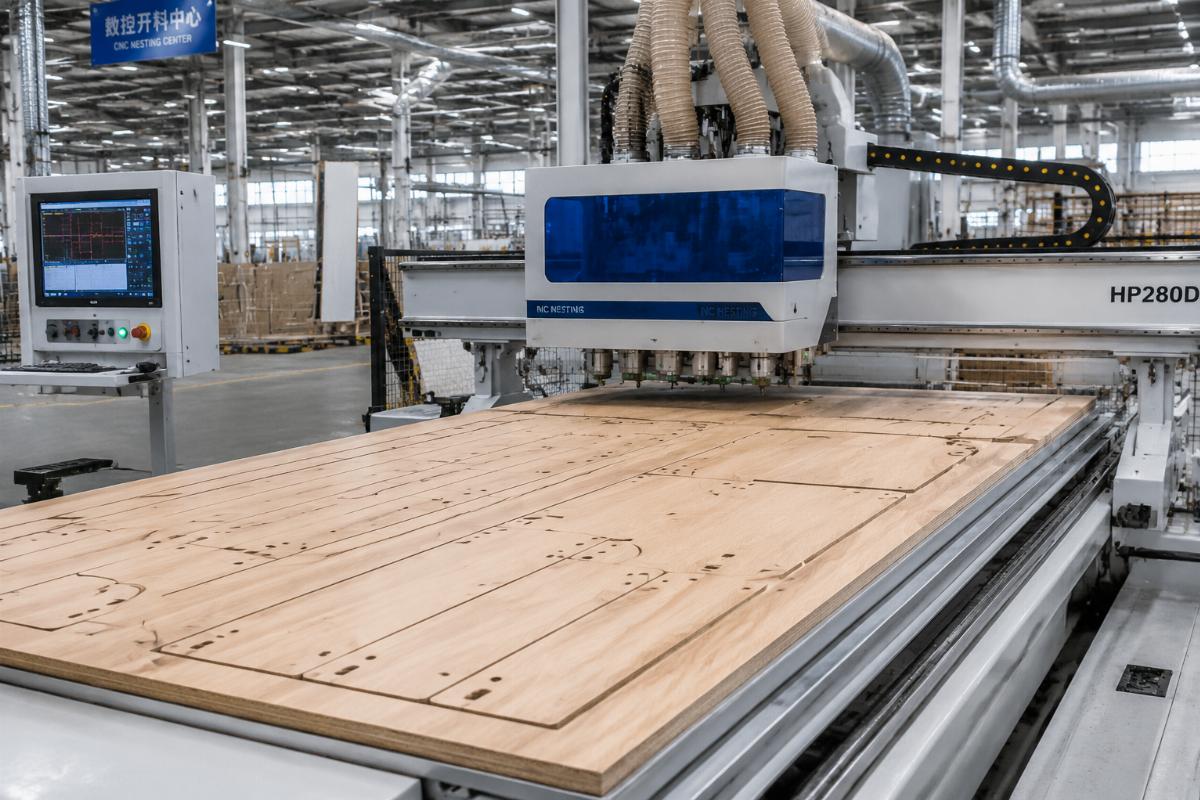 CNC woodworking equipment for panel furniture production Automated CNC nesting center processing wood panels in a production facility