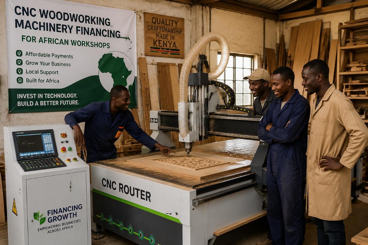 CNC woodworking machinery financing for African workshops A team of local woodworkers operating a newly installed CNC router in a Nairobi workshop