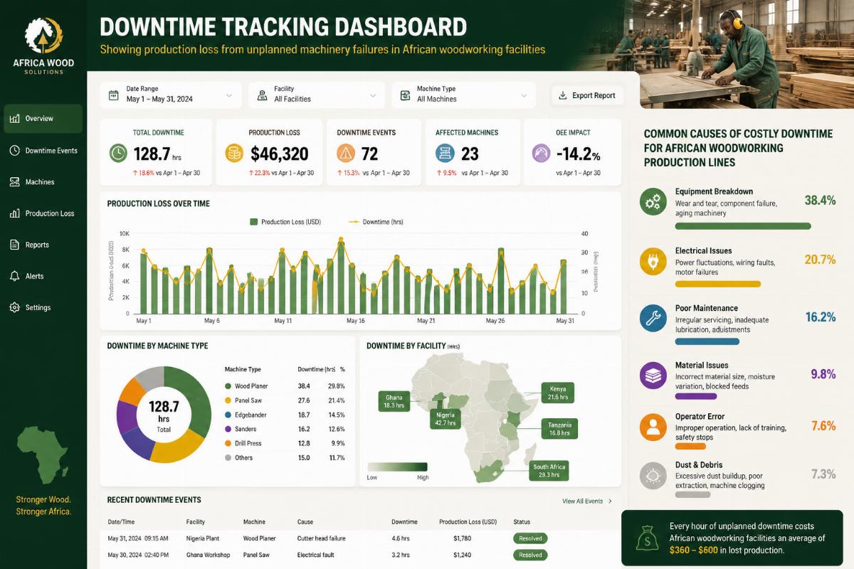 Common causes of costly downtime for African woodworking production lines Downtime tracking dashboard showing production loss from unplanned machinery failures in African woodworking facilities