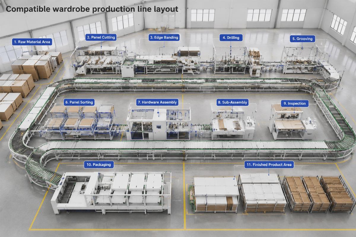 Compatible wardrobe production line connected via unified conveyor system
