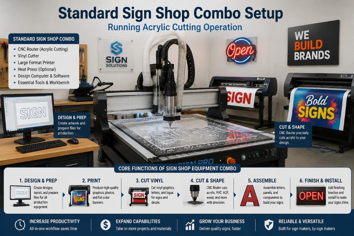 Core functions of sign shop equipment combo Standard sign shop combo setup running acrylic cutting operation