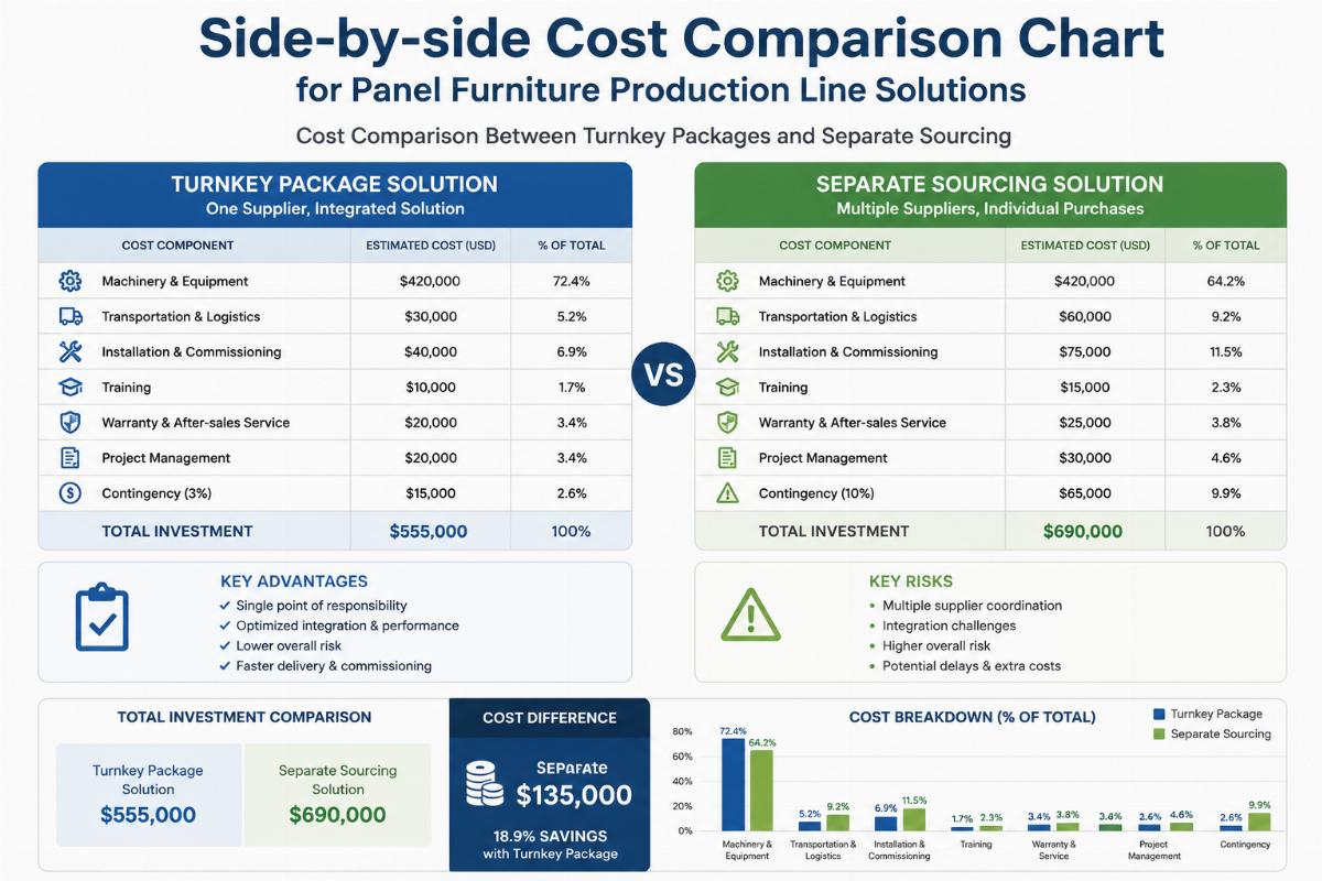 cost comparison between turnkey packages and separate sourcing Side-by-side cost comparison chart for panel furniture production line solutions