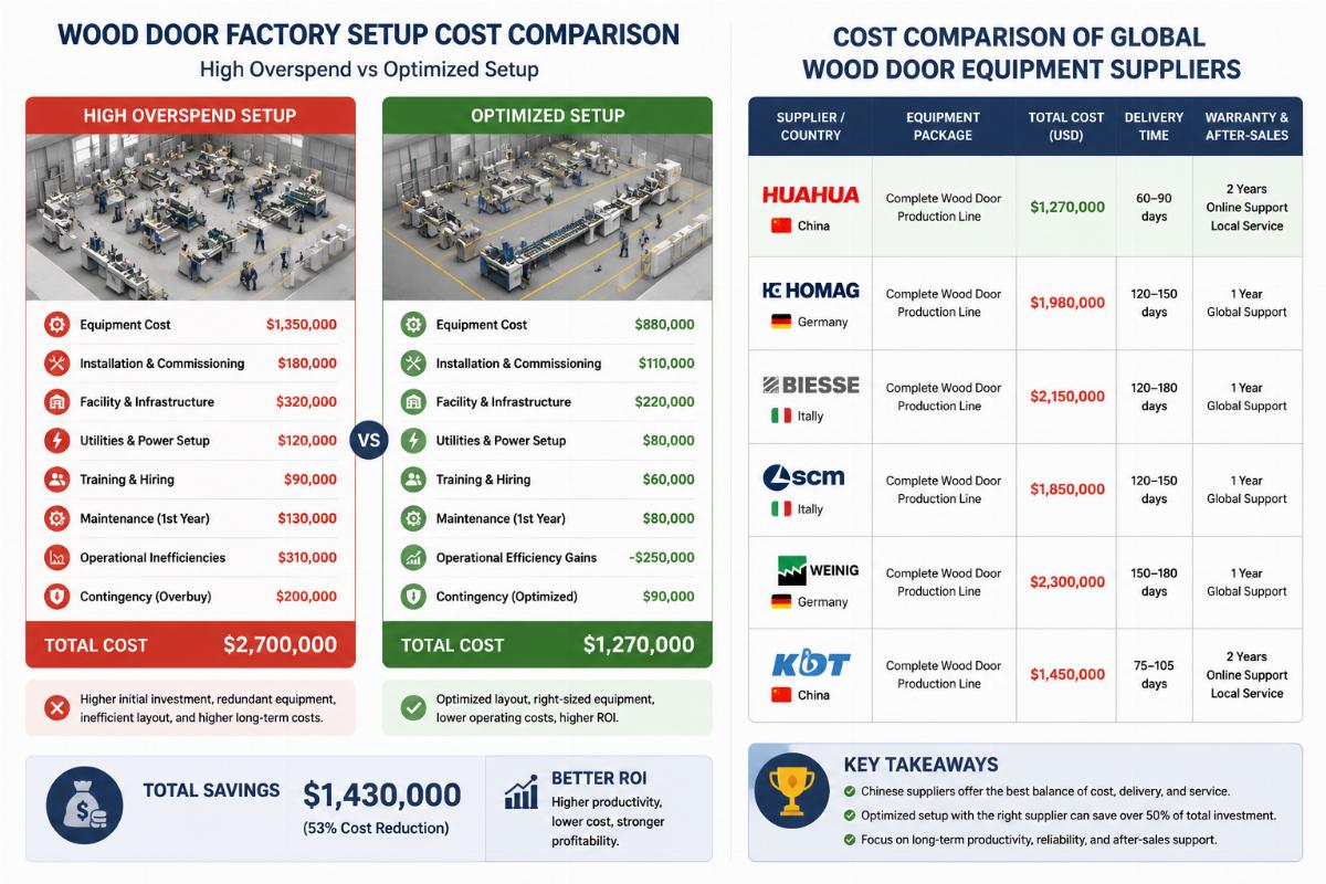 Cost comparison of global wood door equipment suppliers Side by side comparison of high overspend and optimized wood door factory setup costs
