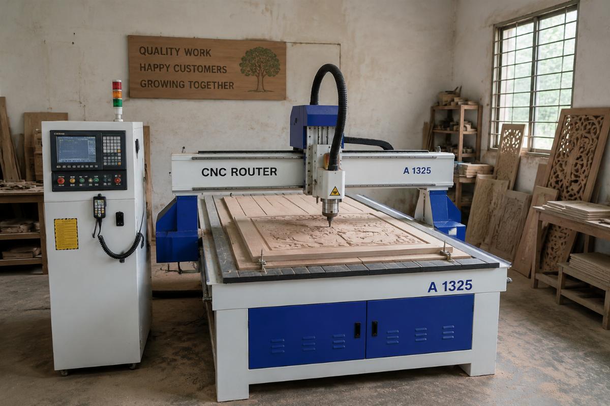 Entry-level 1325 CNC router for small woodworking workshops A 1325 entry-level CNC router operating in a small emerging market woodworking startup