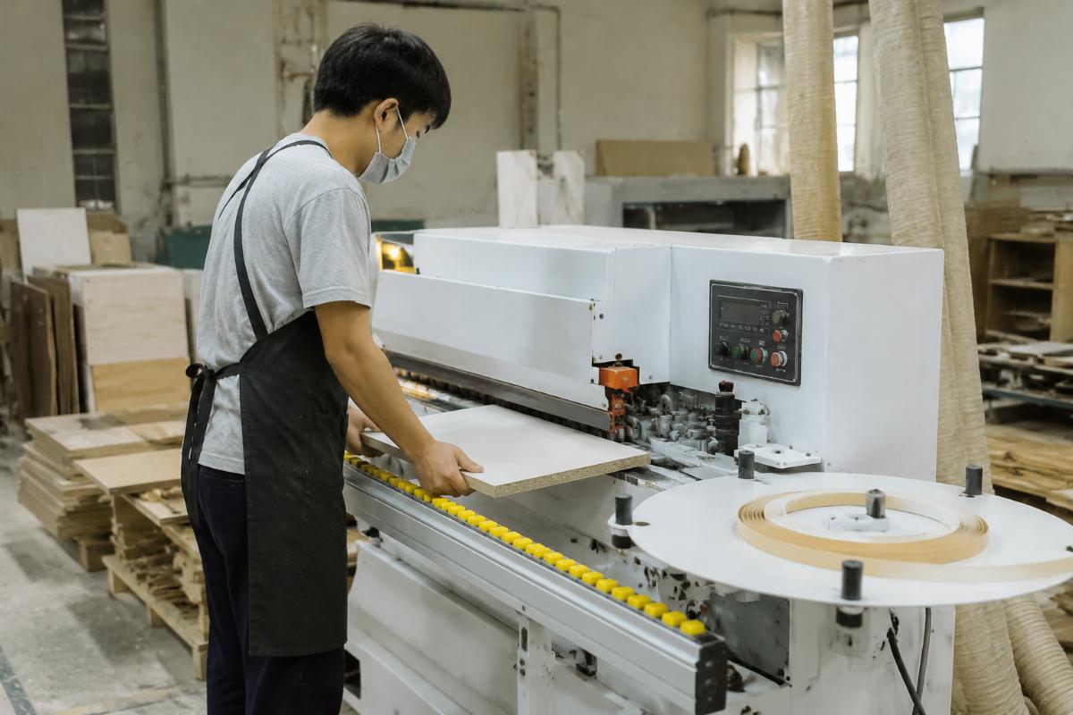 entry level CNC router for small business core process A worker operating a semi-automatic edge bander to process a cabinet panel in a small startup workshop