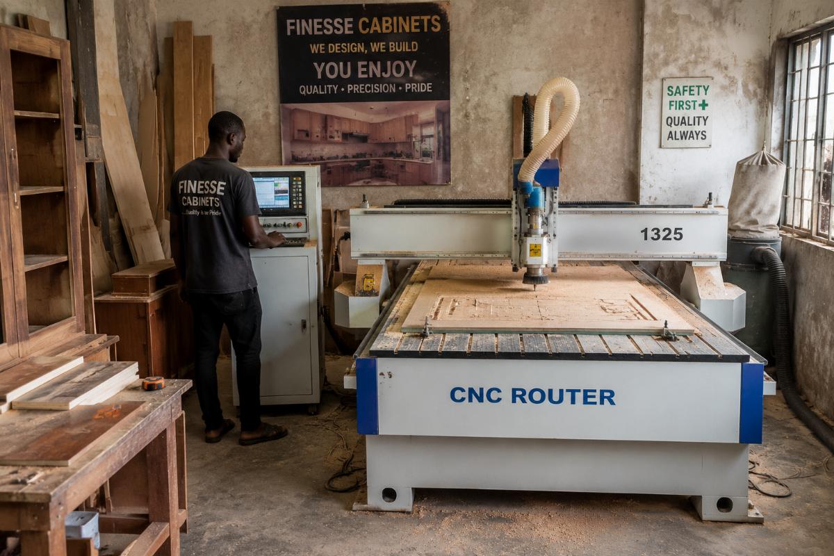 Entry-level woodworking machinery for small African woodworking startups Small custom cabinet workshop in Lagos operating a 1325 entry-level CNC router