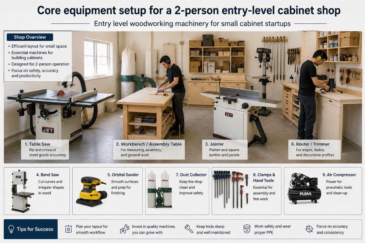 entry level woodworking machinery for small cabinet startups Core equipment setup for a 2-person entry-level cabinet shop