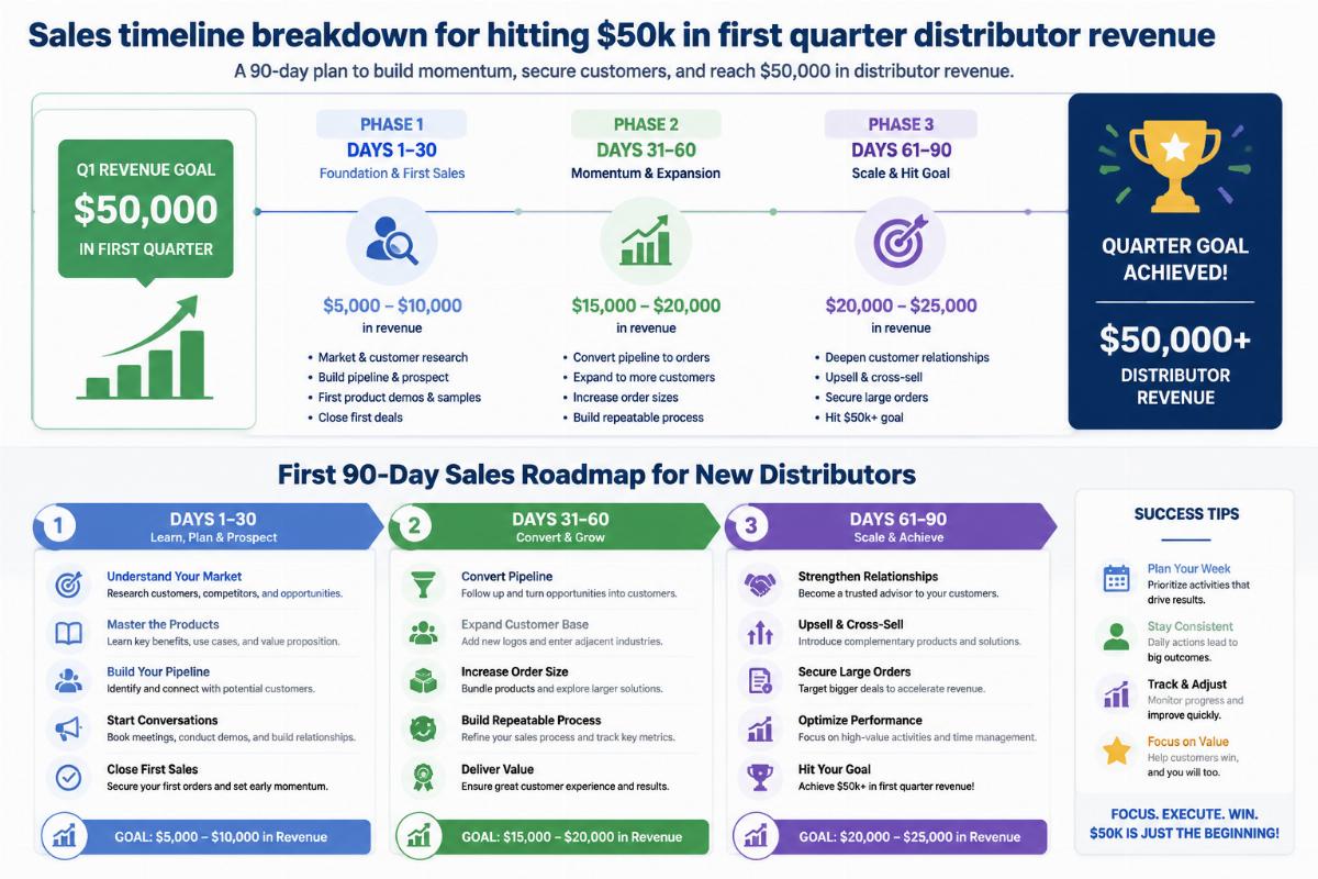 first 90 day sales roadmap for new distributors Sales timeline breakdown for hitting $50k in first quarter distributor revenue