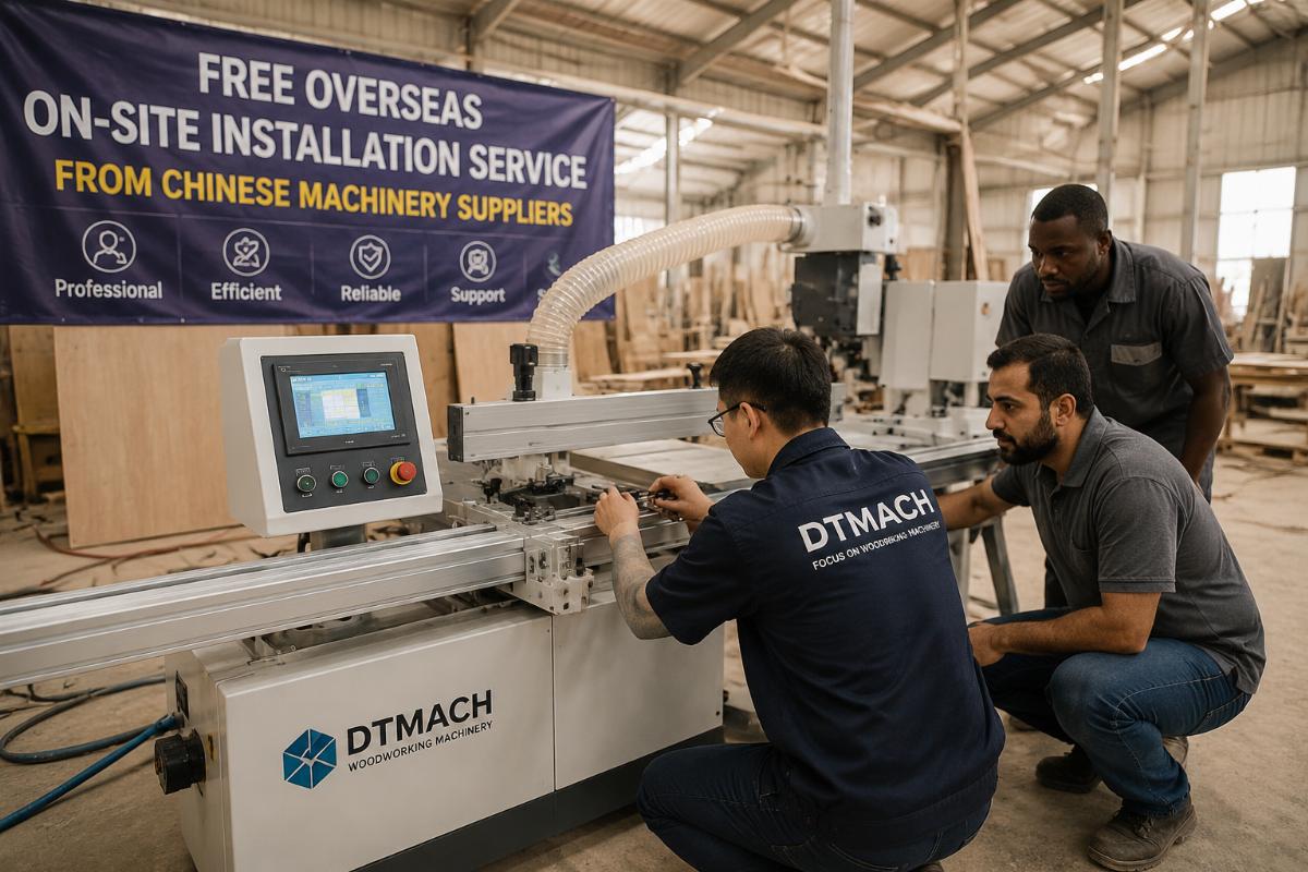 Free overseas on-site installation service from Chinese machinery suppliers Engineer providing on-site installation support for woodworking machinery in an overseas workshop