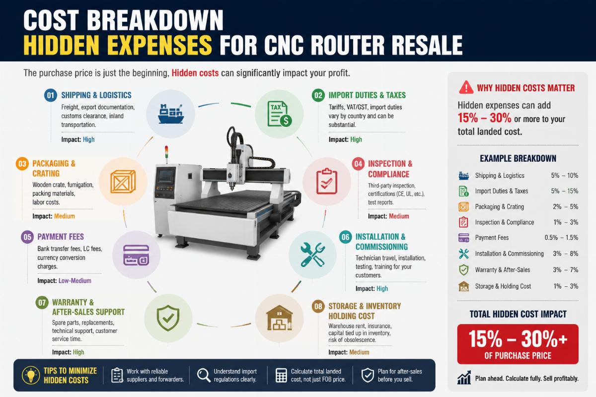 Hidden cost items for CNC router bulk resale Cost breakdown infographic showing hidden expenses for CNC router resale