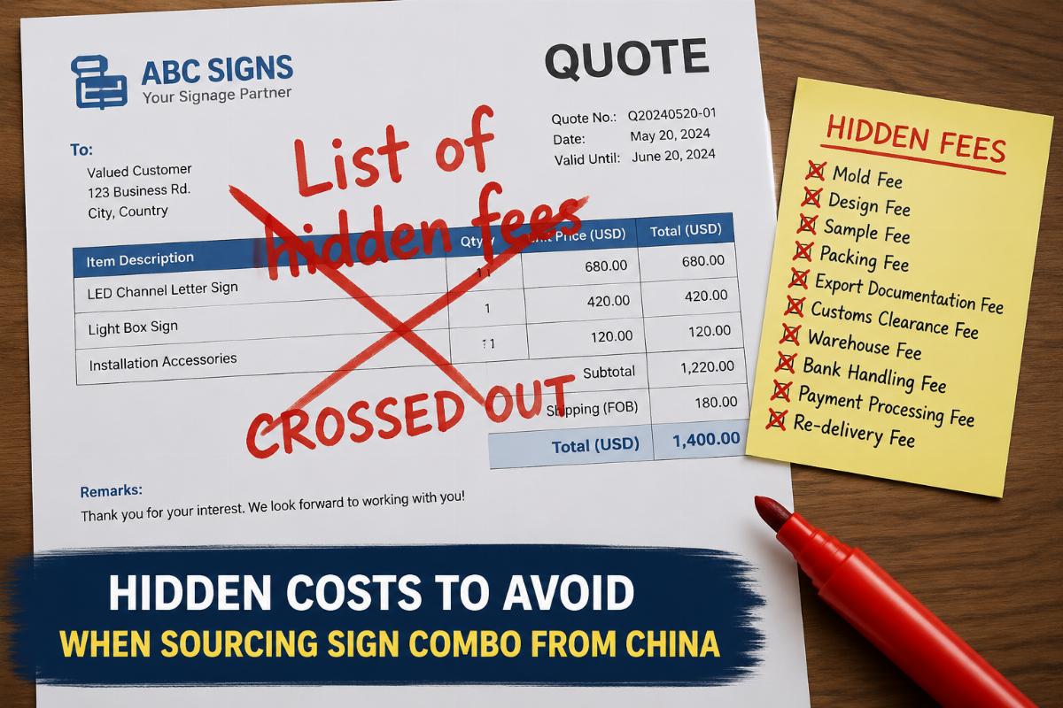 Hidden costs to avoid when sourcing sign combo from China List of hidden fees crossed out on a quote document