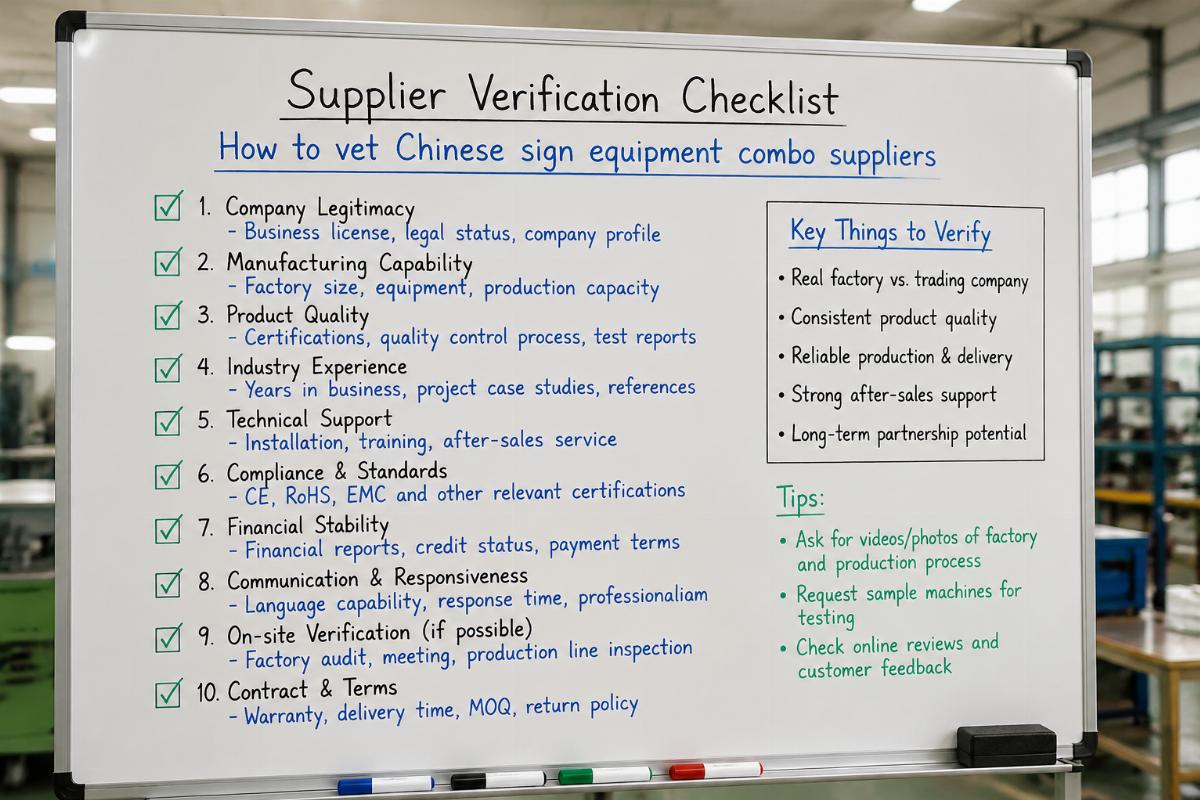 How to vet Chinese sign equipment combo suppliers Supplier verification checklist on production facility whiteboard