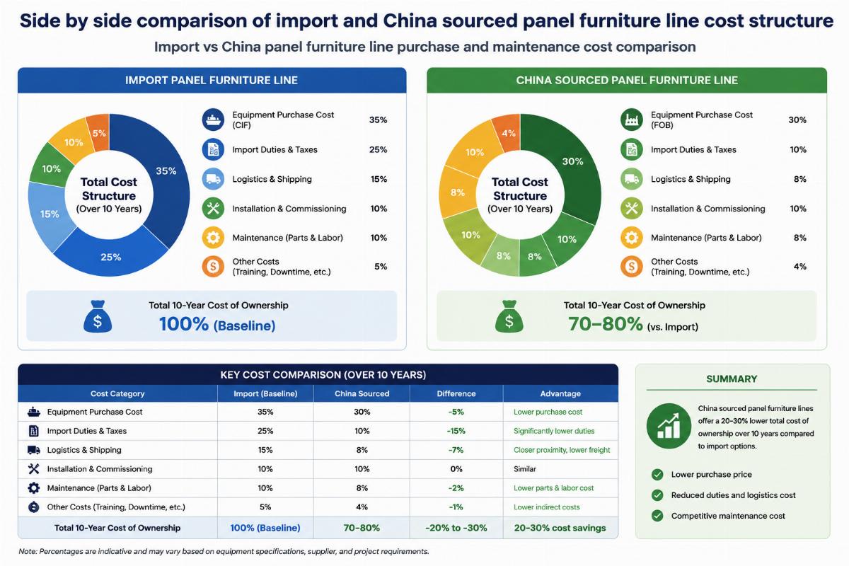 Import vs China panel furniture line purchase and maintenance cost comparison Side by side comparison of import and China sourced panel furniture line cost structure