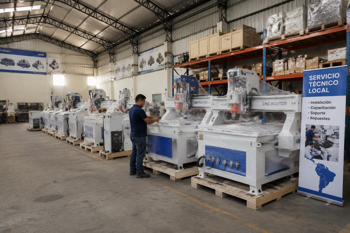 Local after-sales support for Chinese CNC routers in Latin America Wood machinery distributor warehouse with stacked CNC router units ready for local delivery