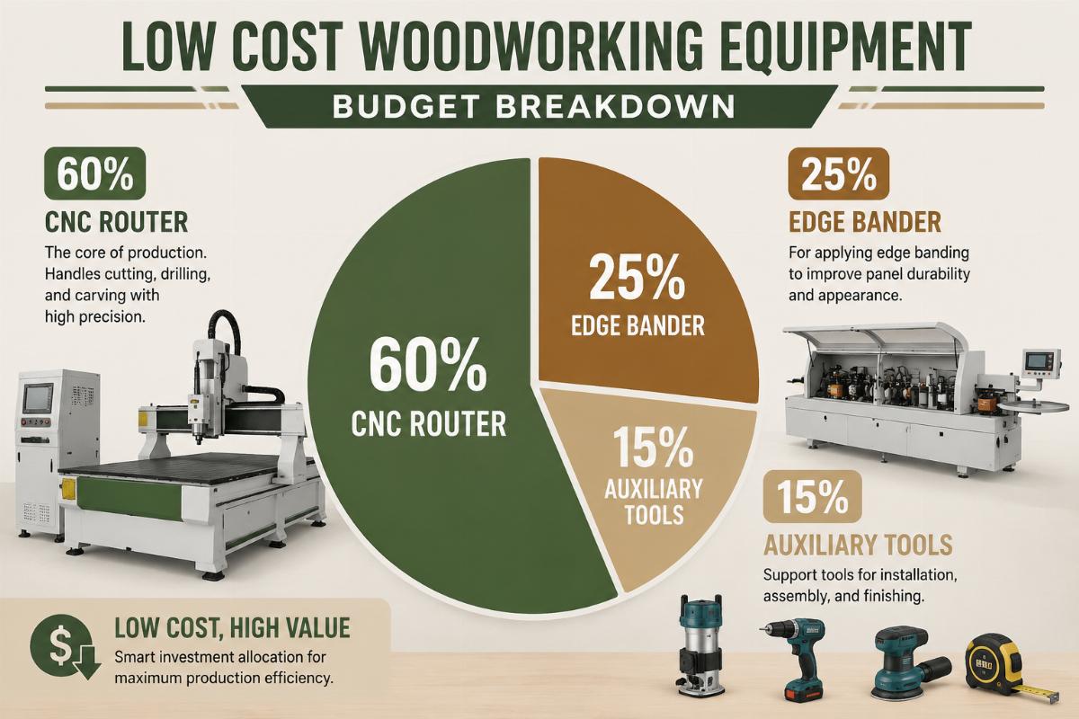 low cost woodworking equipment budget breakdown A cost breakdown infographic showing 60% of equipment budget allocated to CNC router, 25% to edge bander, 15% to auxiliary tools