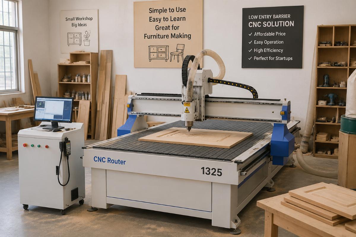 Low entry barrier CNC for furniture production Entry-level 1325 CNC router operating in a small woodworking startup workshop