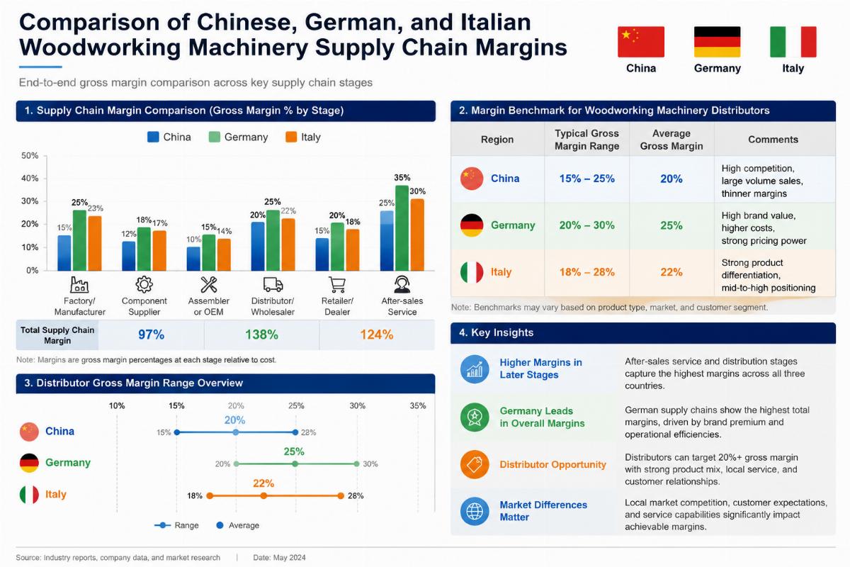 margin benchmark for woodworking machinery distributors Comparison of Chinese, German, and Italian woodworking machinery supply chain margins