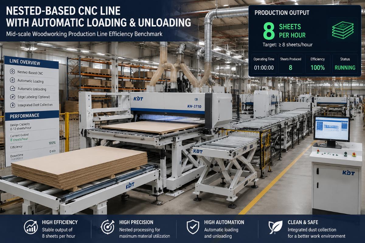 Mid-scale woodworking production line efficiency benchmark A factory floor showing a newly installed nested-based CNC line with automatic loading and unloading, with production output counters showing 8 sheets per hour