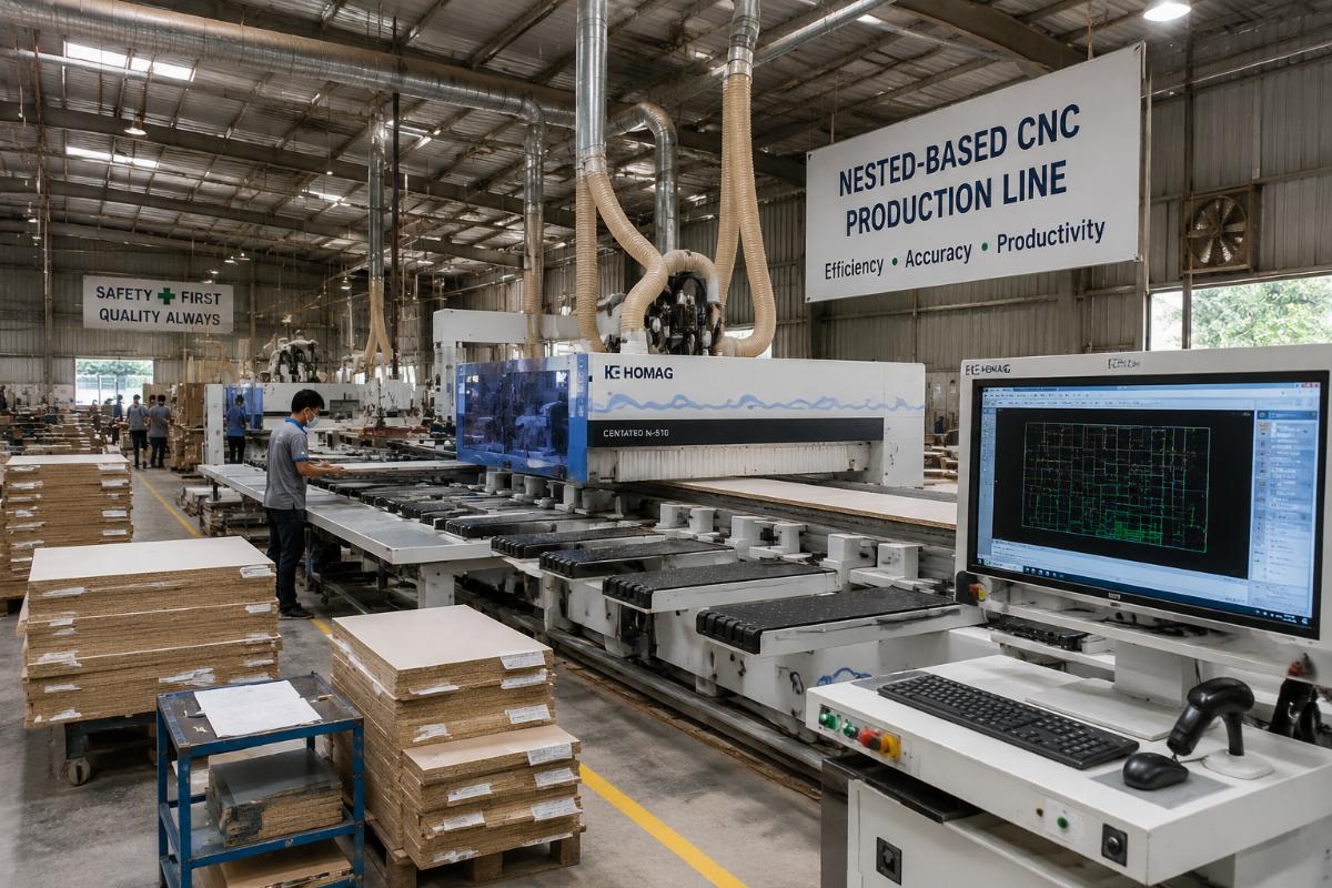 Nested-based CNC production line for panel furniture manufacturing A nested-based CNC production line operating in a mid-sized Southeast Asian woodworking factory