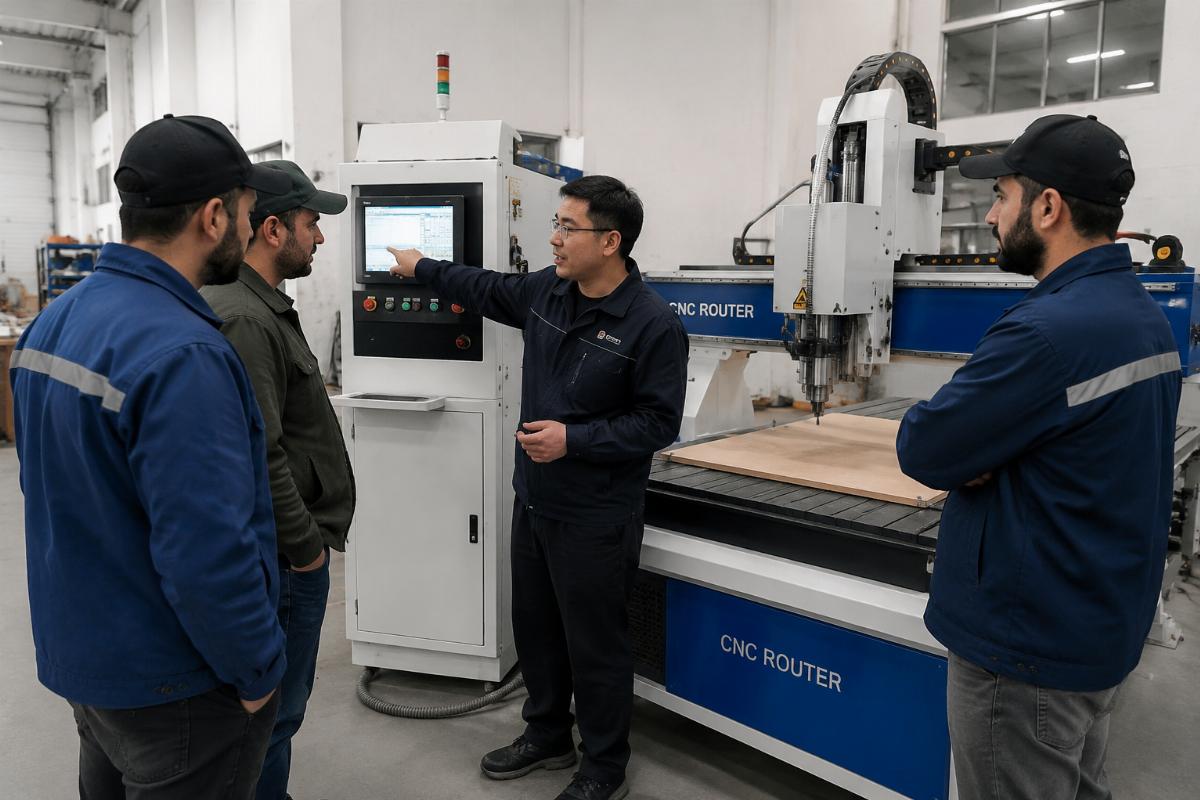 On-site after-sales support for private label CNC routers A factory engineer providing on-site installation and operator training for a CNC router unit