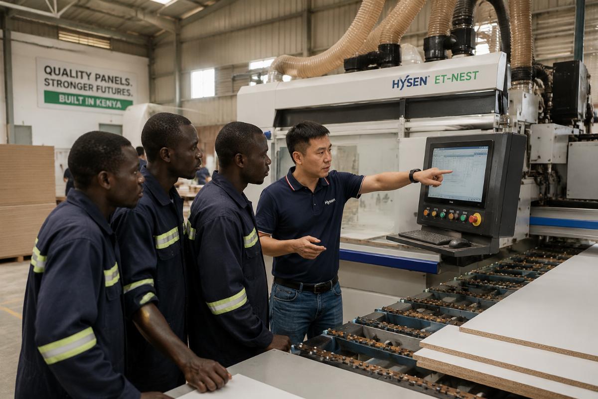 On-site machinery installation support for African production facilities Engineer training local staff on automated nested-based CNC line operation in a Kenyan panel furniture factory