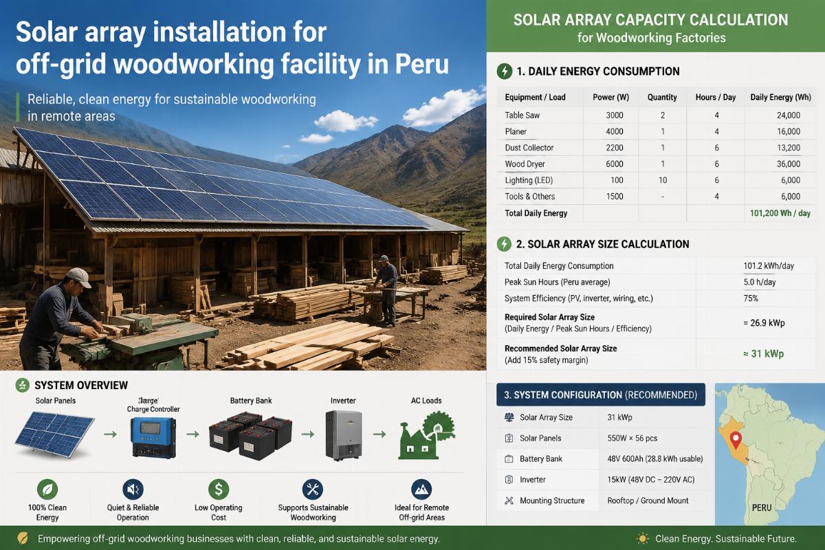 solar array capacity calculation for woodworking factories Solar array installation for off-grid woodworking facility in Peru