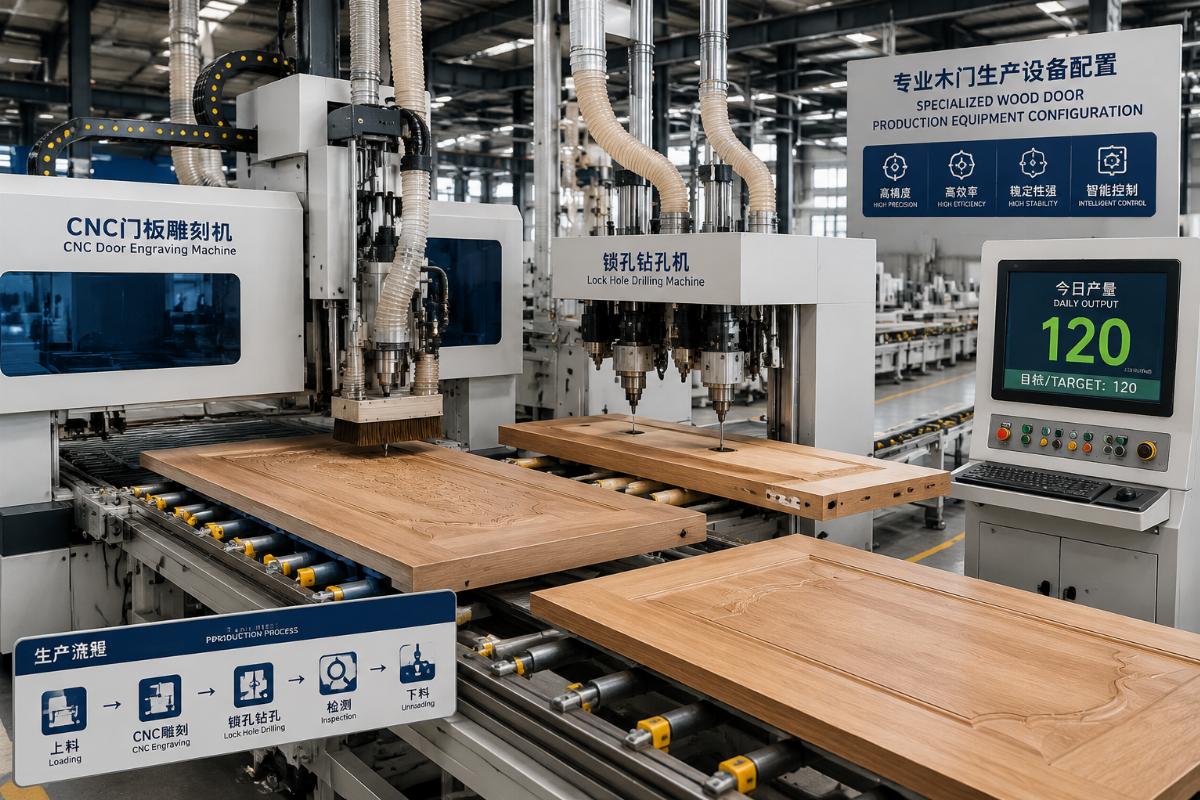 Specialized wood door production equipment configuration A production line showing a coordinated CNC door engraving and lock hole drilling station, with a daily output counter at 120 units