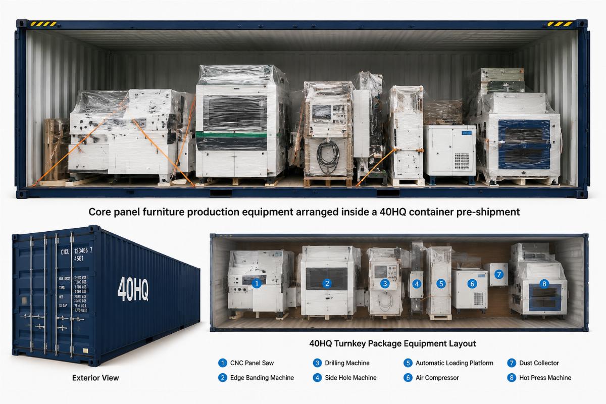standard 40HQ turnkey package equipment layout Core panel furniture production equipment arranged inside a 40HQ container pre-shipment