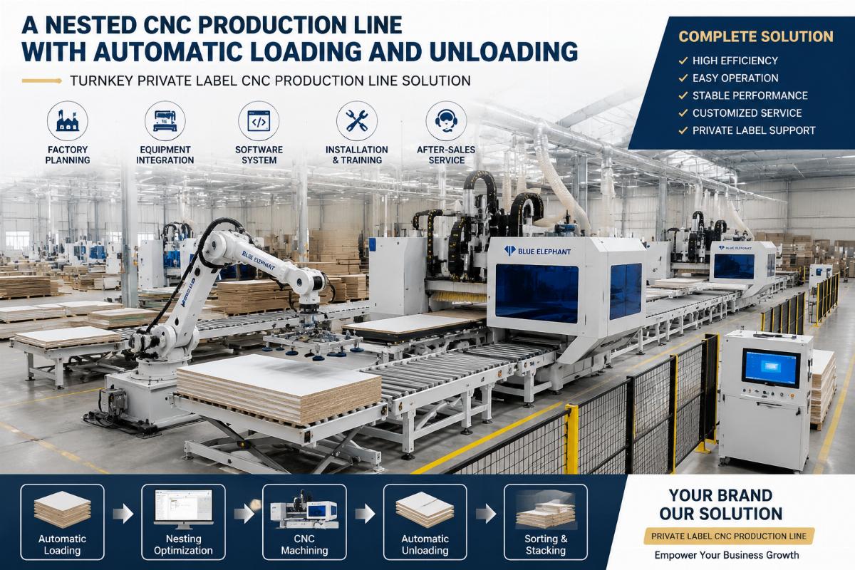 Turnkey private label CNC production line solution A nested CNC production line with automatic loading and unloading in a furniture workshop