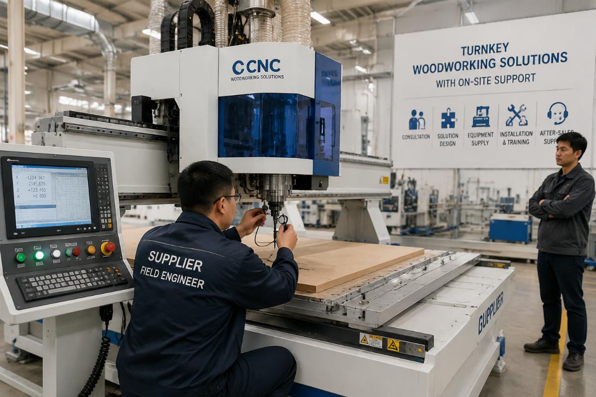 Turnkey woodworking solutions with on-site support Supplier field engineer installing and calibrating CNC equipment on a customer production floor