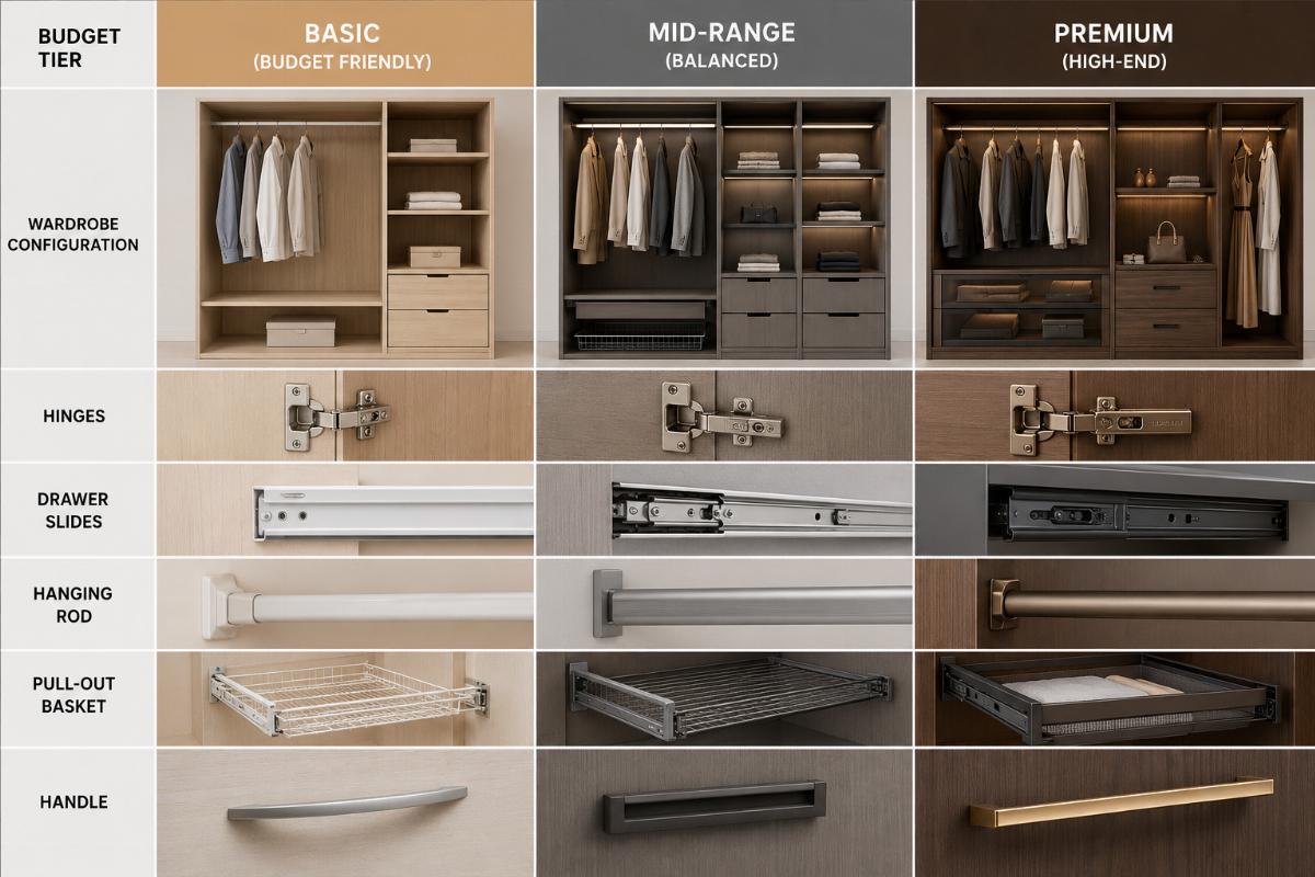 Three budget tier wardrobe equipment configuration comparison